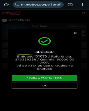 Entidade 01080 e referência geradas pela Mobet